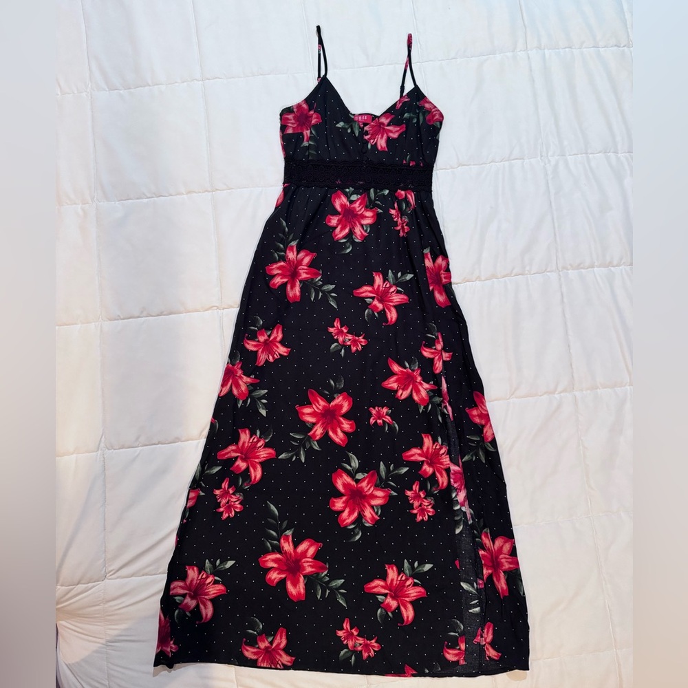 Guess Black Maxi Dress with Red Floral Design